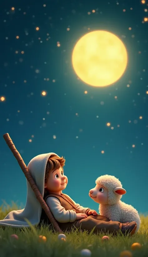 3d drawing of a little shepherd boy going to Bethlehem.  Hes lying on the grass happily watching the stars shine. Theres a very big, bright star . His head is covered and carries a large cane.. Next to him is a silky haired sheep 