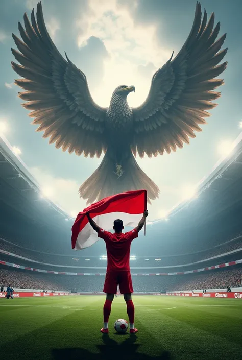 A giant garuda flies over a football athlete carrying the red and white flag of Indonesia and a ball in the middle of the stadium