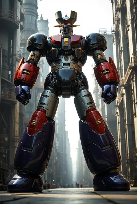   a very realistic version of the Mazinger Z ,  standing in a forward position at a height of 18 meters .  constructed with modern materials such as steel ,  Carbon Fiber ,  other industrial elements are also visible ,  just like the real thing , Rugged ex...