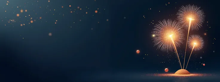 Design a simple New Year background,highlight the fireworks and delicate festive details。feature a few large, elegant fireworks,bloom in a soft glow of gold and white,The background is deep and simple。use a smooth gradient of dark blue or black for the bac...