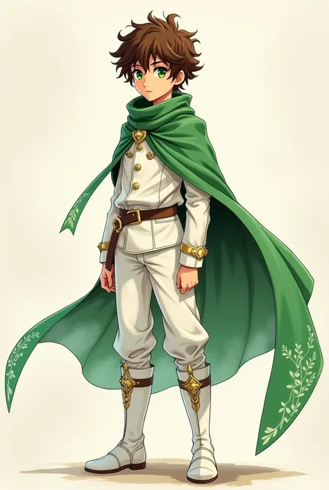 A boy,  Curly and brown hair , small green eyes , a white demon Slayer costume with a green cape with leaves, stomach 2,20cm, And hes 21 years old ,  I draw with pen and pencil