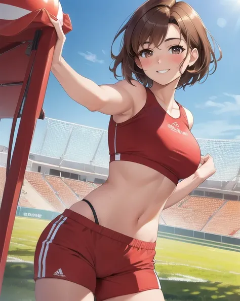 Best quality, masterpiece, high resolution, details, fine lines, beautiful, 24 year old woman, 1 person, brown hair, short hair, big brown eyes, bright eyes, smiling, blushing, athlete, red sportswear, field, sunny day, cowboy shot,