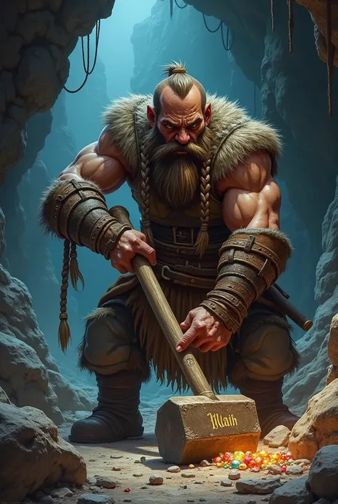 A bearded dwarf with two braids of hair tied to his belt ,  while he is extracting gems inside a mine with his big hammer whose inscription reads BLAIN.