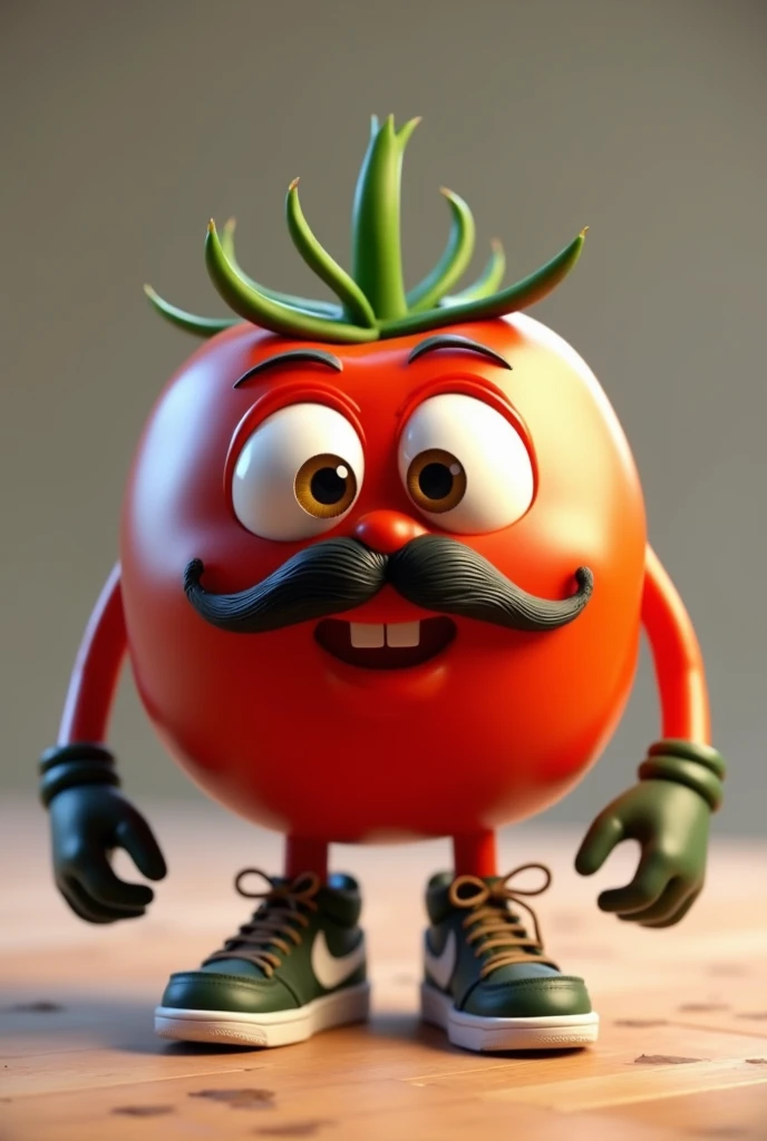 The tomato from fortnite with feets and hands the tomato looks at you with a mustache and big eyes and he is wearing nike shoes