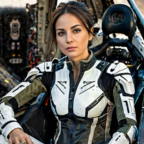 Highly detailed photo of a Women, SF soldier, 30yo, (Mech warrior of women mercenary, (body armor on bodysuit)), sitting like a queen, Stately and dignified, Very dissatisfied look, (headset, Powerful and beautiful eyes, 8K Ultra HD, Original photo, Model ...