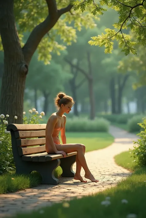 The model is sitting in the park on a bench, No clothes