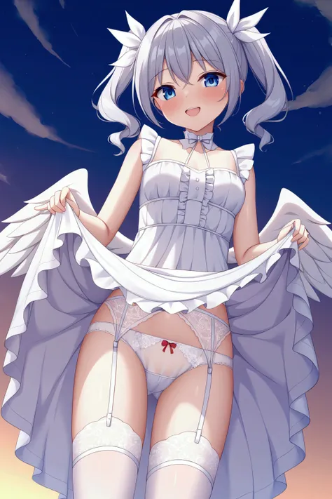  girl、 and laugh、Bad eyesight、Double teeth、 twin tails、Children、Frills、 miniskirt、skirt lift,white panties,see through panties, garter belt、White clothes、see through、White Wings、 sky background 