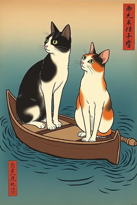  Two cats are sitting on a boat, click - e  art, Ukiyo-e art,  Ukisei, , Ukiyo-e, click - e , in the art style of click - e , Ukiyo-e print,  Sakugawa Kunisada III  , click - e  painting