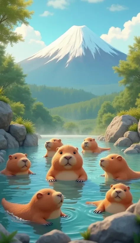 There are a lot of cute capyparas in the hot springs　 background Mount Fuji 