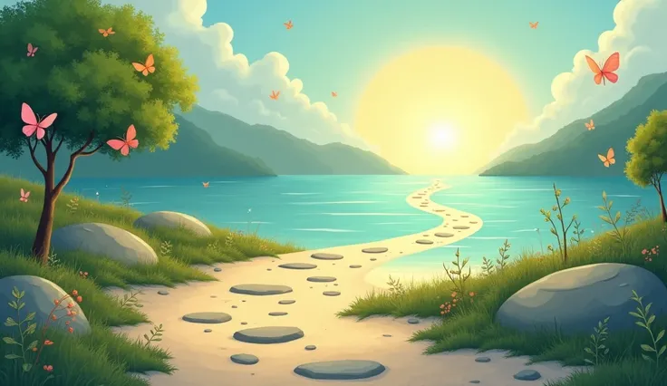 Create a peaceful and inspiring stylized image of an inner journey through a natural landscape, guided by a soft and caring light.
In the center of the image, a winding and luminous path stretches through a serene landscape. The path is paved with polished...