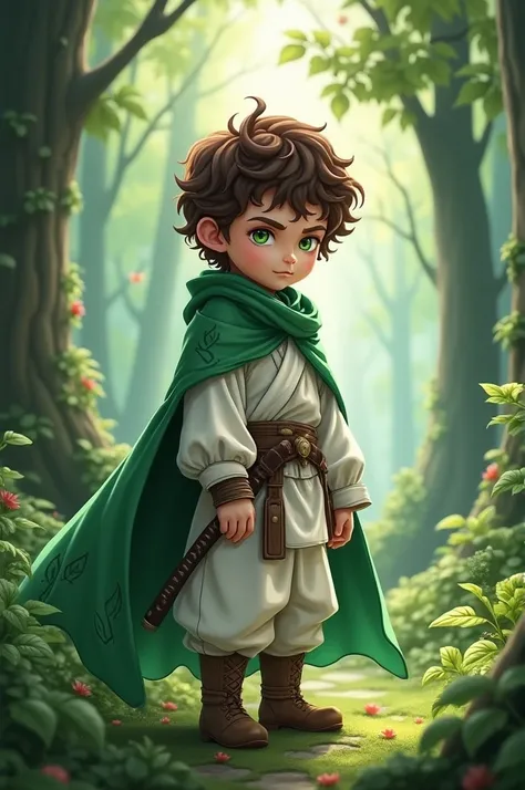 A boy,  Curly and brown hair , small green eyes , a white demon Slayer costume with a green cape with leaves,a belt with a Nichirin katana,  in the woods