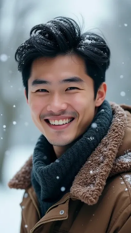 (photorealism:1.2), very Handsome japanese man, 22-27 year-old,  in Japan, winter, snowing, happy,  half body