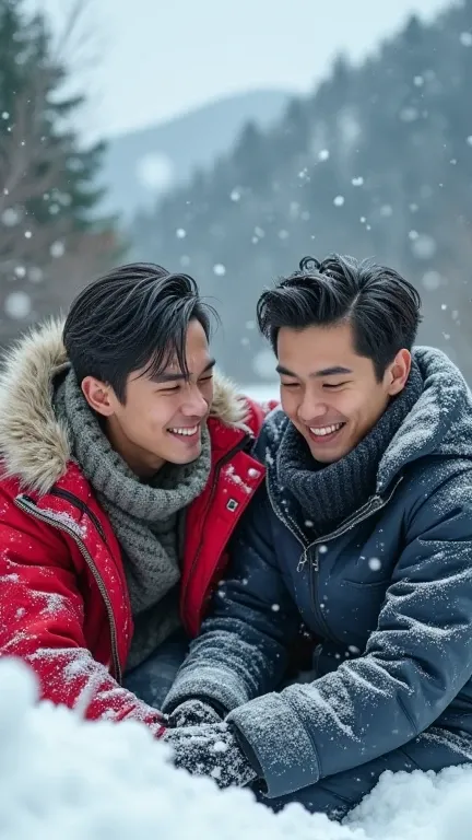 (photorealism:1.2), two very Handsome japanese men, 22-27 year-old,  in Japan, winter, playing snow, close up