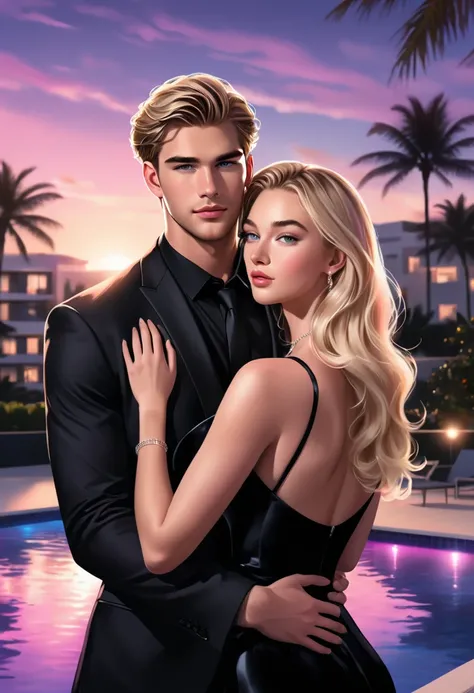 Make an illustration of a handsome 20-year-old man, identical to Liam Hemsworth, a man wearing a black suit, in front of a luxurious apartmen, with a beautiful British woman identical to Dasha Taaran, a blonde woman, light skinned, a woman wearing a black ...