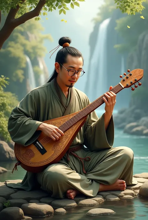 Chinese Man Playing the Flute-Shaped Guitar