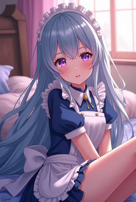 Maid cafe, woman, sexy, cute, long silver blue hair, sparkling purple eyes, lovely, Lying down, Japanese animation, shy, bed