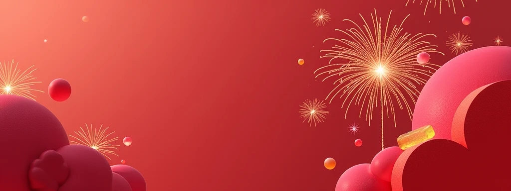 A vibrant New Year poster featuring fireworks in the night sky, with a dominant red color palette that symbolizes joy and celebration. The scene includes colorful balloons floating gently in the foreground, with a simple yet festive background of abstract ...