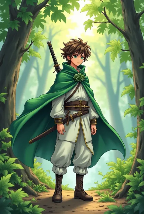 A boy,  Curly and brown hair , small green eyes , a white demon Slayer costume with a green cape with leaves,a belt with a Nichirin katana,  in the woods, Type drawing with pen and pen, stomach 2,20cm, He is 21 years old