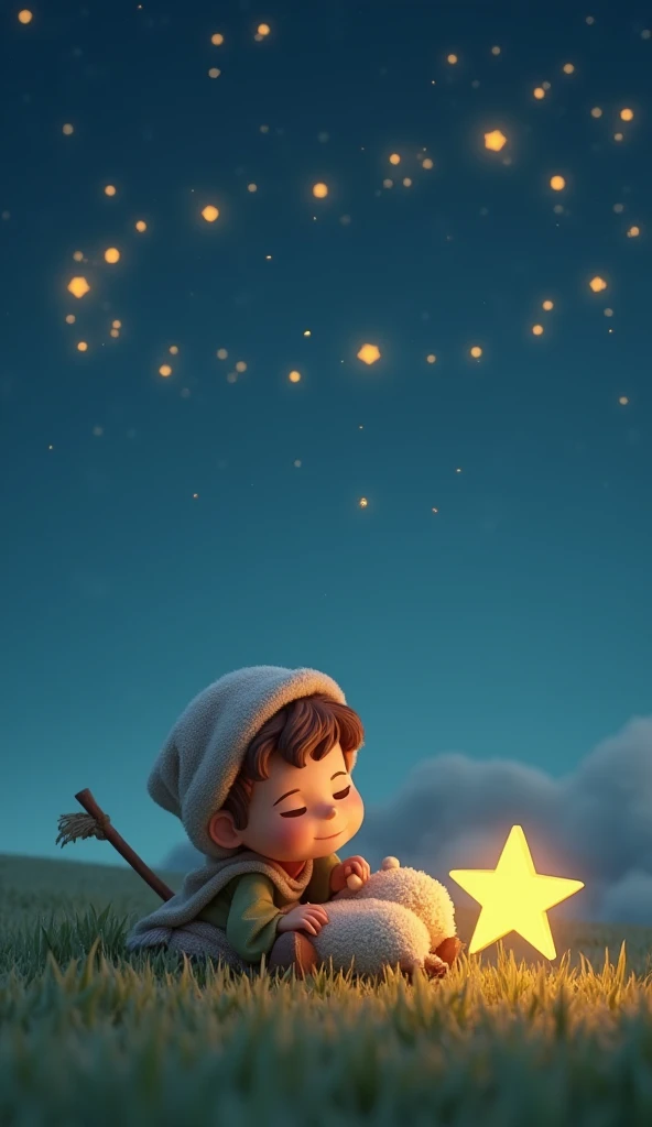 3d drawing of a little shepherd boy going to Bethlehem.  Hes lying on the grass happily watching the stars shine. smile.She uses a sheep that accompanies her as a pillow. Theres a very big, bright star . His head is covered and carries a large cane.. 