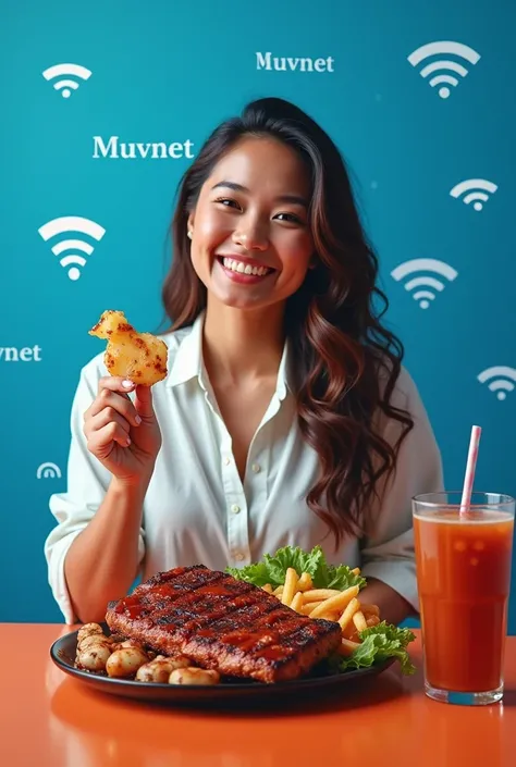  Create a poster featuring a woman eating barbecue and drinking at a company called with the muvnet logo connecting you to the world " with a blue background with ultra realistic Wi-Fi router symbols   