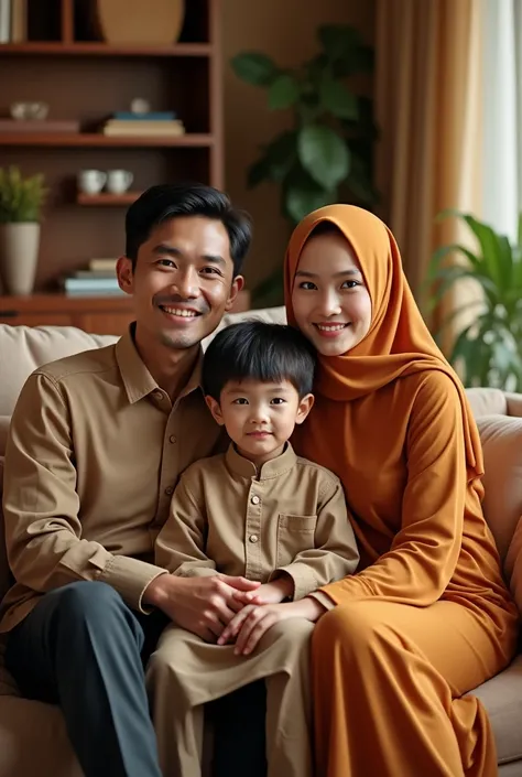 Make a friendly close up photo style, a 25 year old Indonesian MAN with a clean face, a 20 year old WOMAN wearing a hijab, a boy they are wearing Muslim clothing and black shoes. posing sitting on the sofa, the studio has a luxurious house in the backgroun...