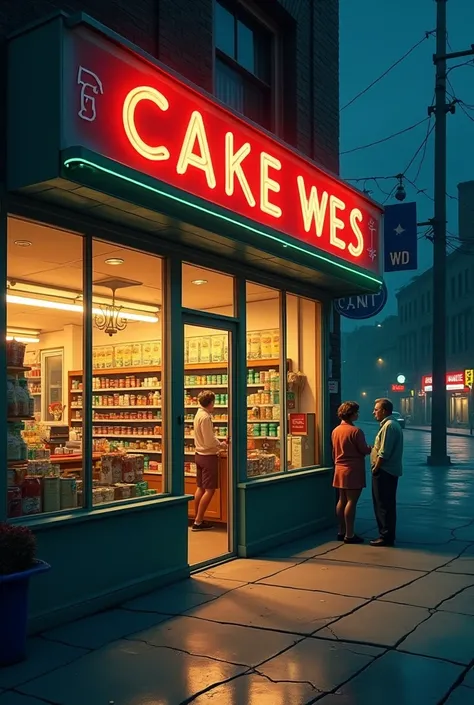  Create me a shop from the fifties. The shop has canned vegetables , and a cake counter . It is night and it is dark outside.