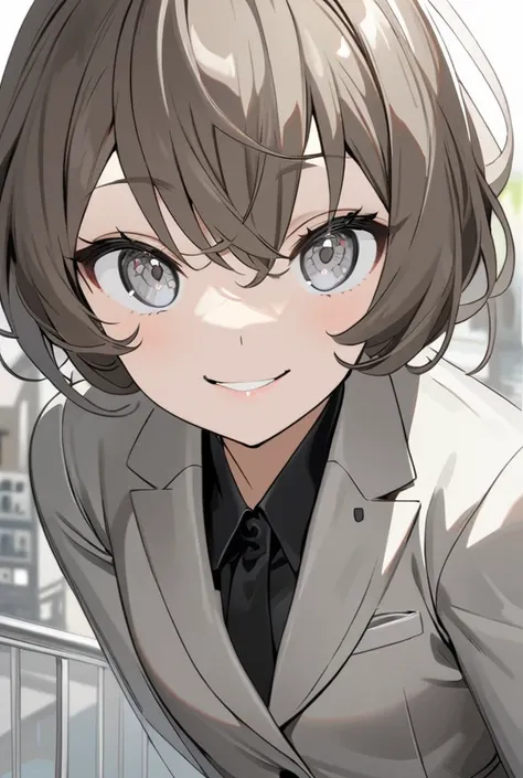 A girl with a big smile . silver eyes.  brown hair .  Tight white and gray suit.