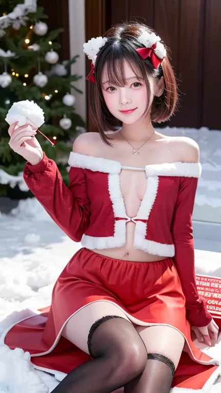 Young woman with long, black hair styled in soft waves, wearing a modern Santa-inspired outfit, sitting on a snowy ground while holding a large, wrapped gift box with both hands extended toward the camera.
She wears a festive red Santa crop top with long s...