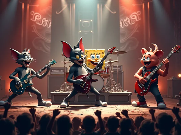 tom and jerry playing in a heavy metal band with SpongeBob and pink Fong