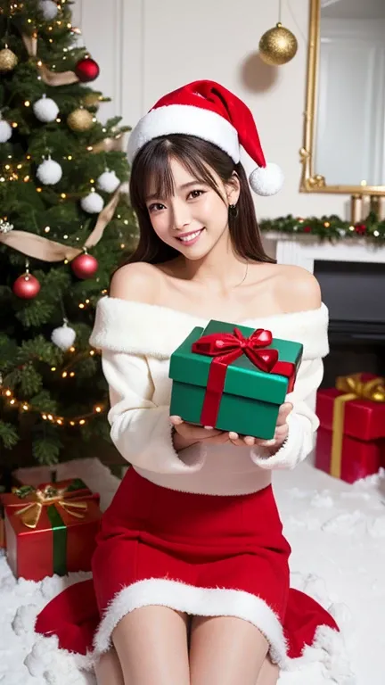 Young woman with long, black hair styled in soft waves, wearing a modern Santa-inspired outfit, sitting on a snowy ground while holding a large, wrapped gift box with both hands extended toward the camera.
She wears a festive red Santa crop top with long s...