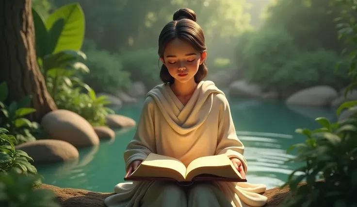  Create a 3D image that symbolizes the act of nourishing faith with the Word of God.  Show a person seated in a quiet environment ,  surrounded by nature , holding an open bible ,  with soft light illuminating the pages .  The scene should convey a feeling...