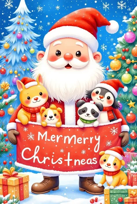 A funny Christmas illustration。A group of cute little animals surround Santa。 merry christmas.