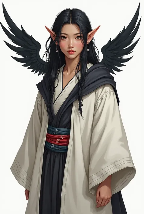  elf with Asian features in a white coat of arms on which a black ,  upwards with two black wings . Above it is a half wheel opened ,  black short-sleeved hooded robe with a thick red stripe in the middle and a thick blue stripe in the middle