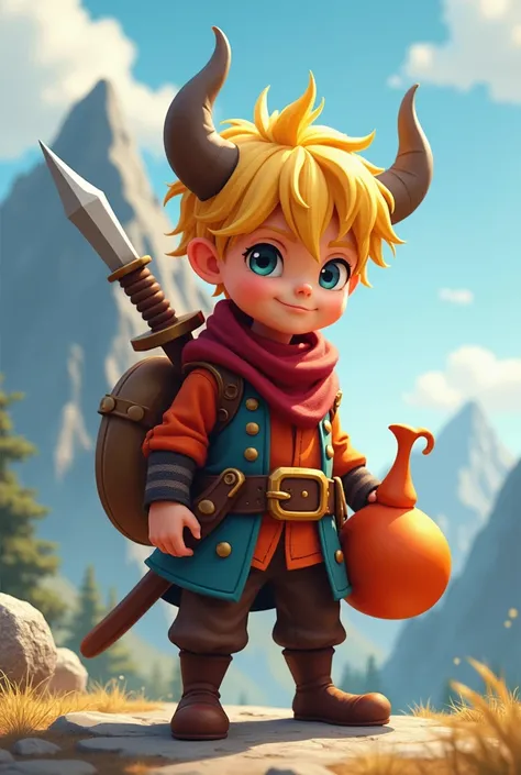 gives me the image of a blond-haired boy, carrying a sword on his back, holding a wine gourd, he covers one eye like a pirate, and has horns on his head like a rhinoceros. Behind is a mountain. create 2D shapes like cartoon characters