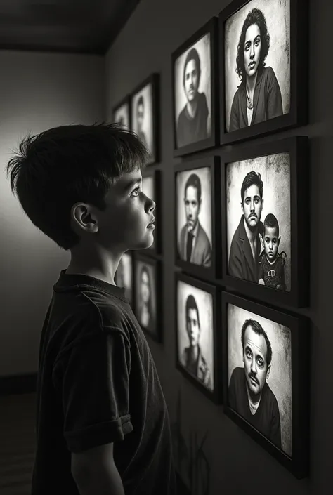 The boy looks at the walls and sees old black-and-white photos of the same man with different people.