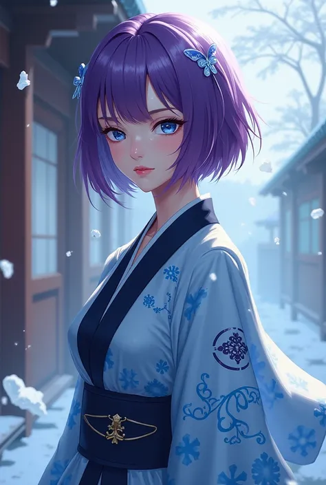 Young elegant Woman with short purple Hair and bangs and blue eyes wear an ice inspired Haori and the Demon Slayer Hashira Uniform. Demon Slayer Art Style