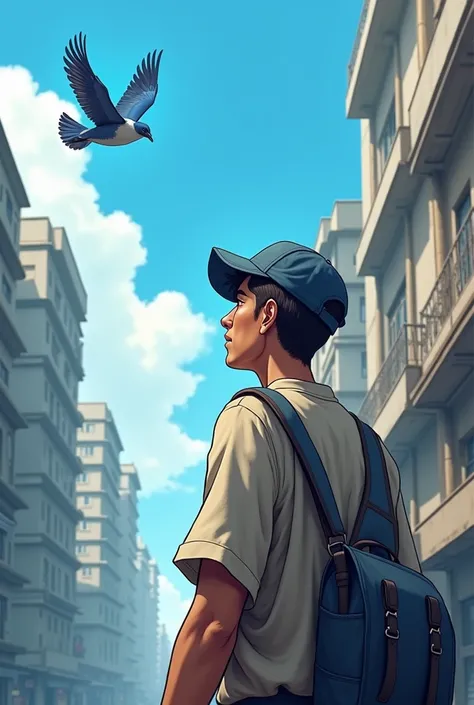 Half side of A village man without cap in head with a bag shoulder looking Left side to a flying bird in blue colour little sky at road in unknown town with many tallest building