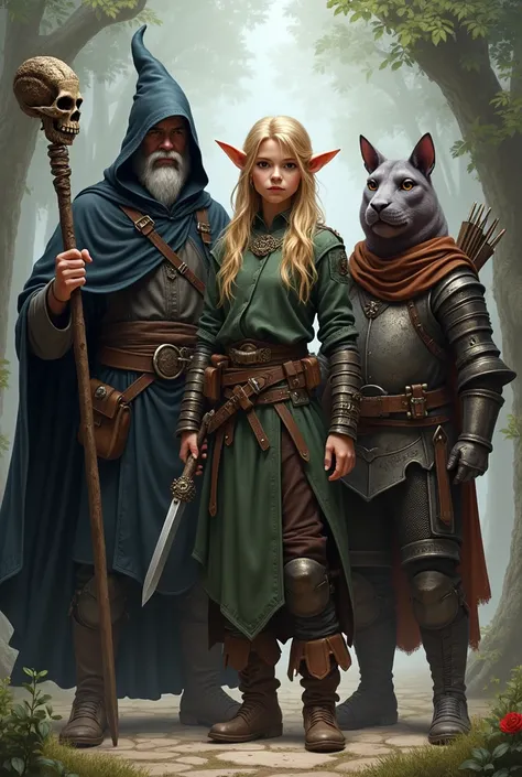 group of 4 adventurers ,  the first a human wizard with a black cape and a skull-shaped staff ,  the second an elf with slightly pointed ears with blond hair and a shimmering bow , the third an anthropomorphic hippopotamus with medieval armor ,  two-handed...