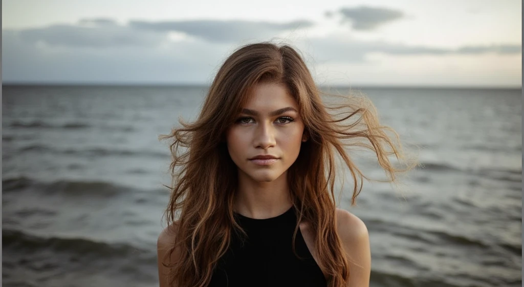 High res waist up portrait photo of a woman directly facing the camera . She is not looking at the camera with a slight seductive look.