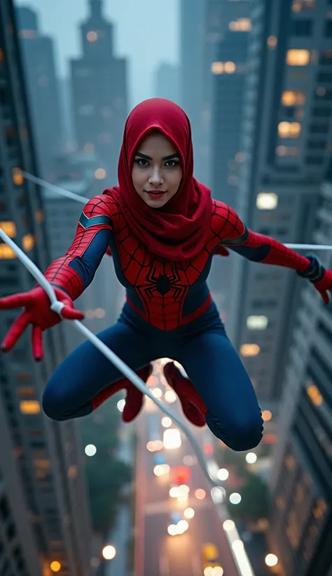 Indonesian woman in red hijab cosplayer Spiderman is flying hand removing white net. night capital city street building background 