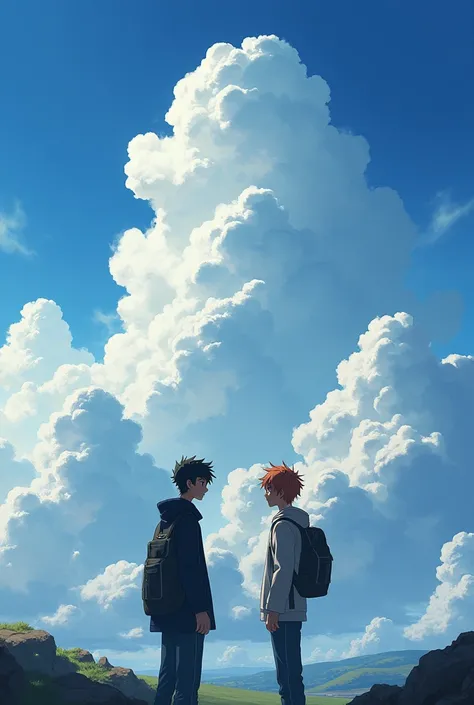 Two anime guys talking in full cloudy weather
