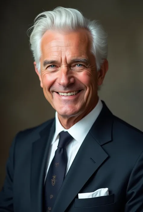 wearing a suit, white hair, blue eyes, smiling mouth 