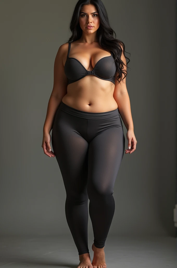 Generate me an ultra realistic image of a woman with extremely big boobs and very very big ass in leggings. -ultra realistic  