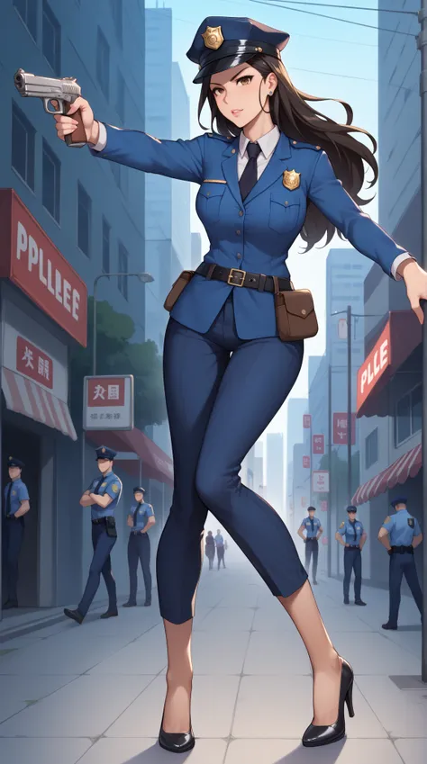 Female detective,Yukari Morikawa, police uniform, Tokyo Metropolitan Police Public Security 2nd Division, agile, flashy appearance, strong confidence, intense gaze, sexy and assertive, holding a gun, tracking cursed pistol, brave expression, professional v...