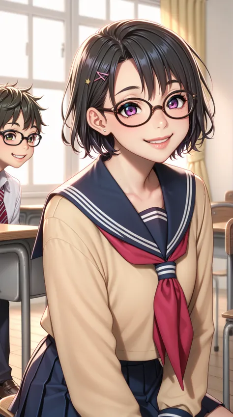 Young woman,Masami Asakura, stepsister, glasses, slightly sassy expression, a bit cheeky, youthful vibe, school uniform, black short hair, smile, subtle provocation, cute face, personalized glasses, high school background, lively atmosphere::1.5