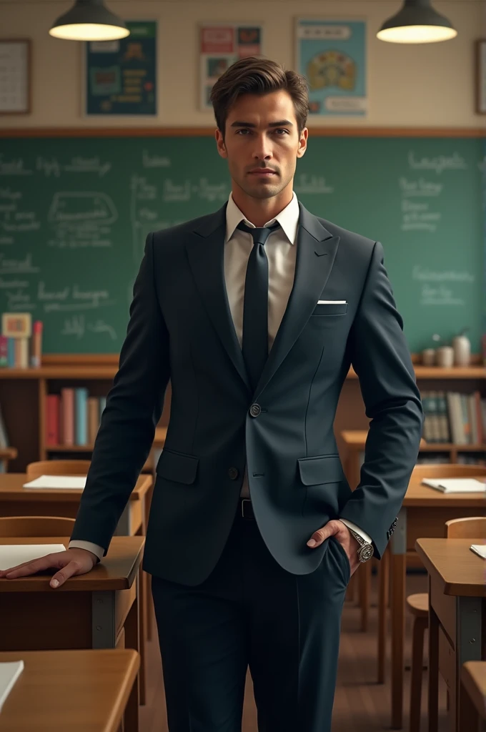 Create a sexy male teacher in the classroom