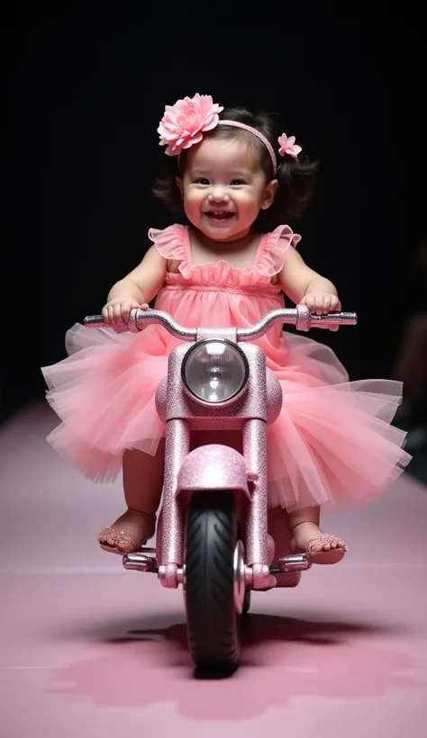 "A cheerful baby girl wearing a pink frilly dress and floral hair accessories, riding a sparkling, pink miniature motorcycle decorated with glittering details. The background is a dark runway, emphasizing the bright and glamorous scene as the baby smiles w...