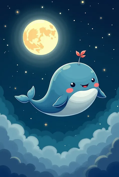 A cute and simple picture of a whale flying in the night sky with a full moon