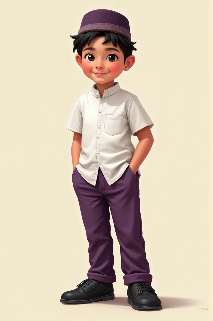 Malay boy  must wearing songkok, white shirt short sleeve, purple trousers with black shoes 