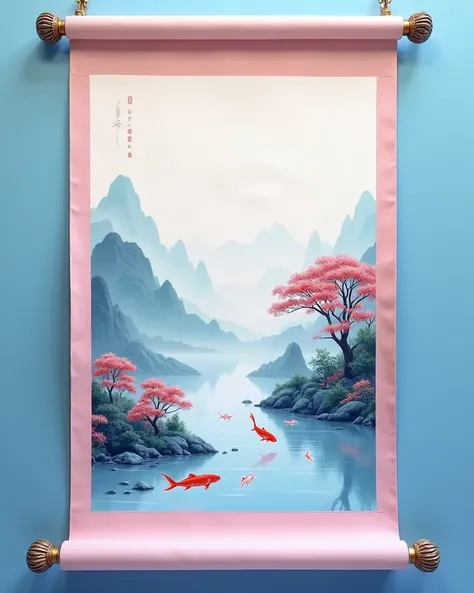 Picture-in-Picture Designs. Bright, vibrant colors and clear picture quality. Front view of a huge white and pinkish purple scroll on one side, extending to the ground. At the bottom bottom of the scroll is a beautiful picture of a secluded classical Chine...